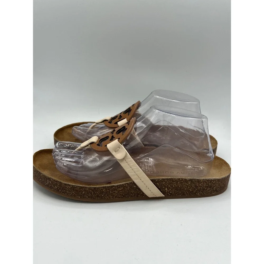 Tory Burch Miller Cloud Leather Thong Sandals Brown Cream Cork Insole Sz 10 EUC